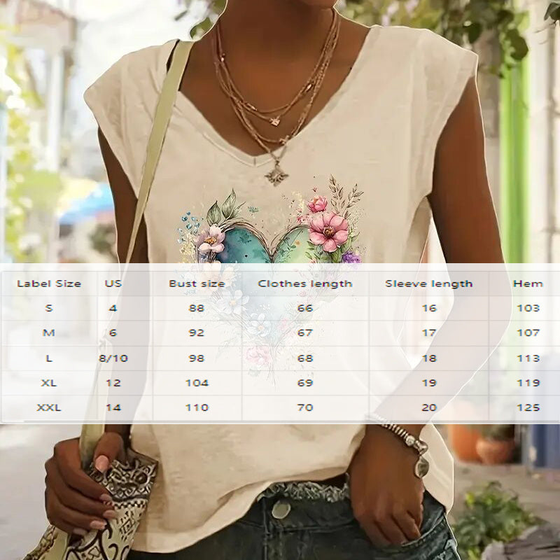 Women’s V-Neck Floral Heart T-Shirt – Summer Top