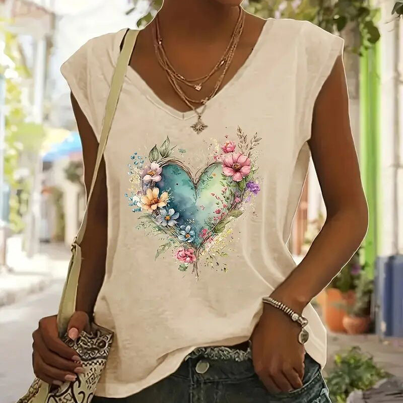 Women’s V-Neck Floral Heart T-Shirt – Summer Top
