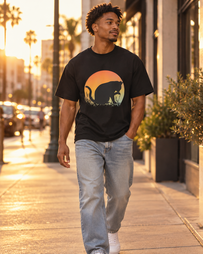 Sunset Cat Silhouette Men’s Box Tee – Cat Lover Gift
