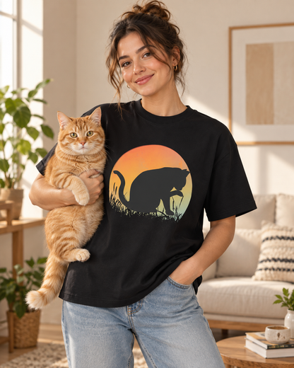 Sunset Cat Silhouette Men’s Box Tee – Cat Lover Gift